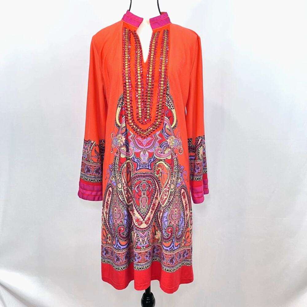 Calessa V neck embellished long sleeve dress tunic orange womens L